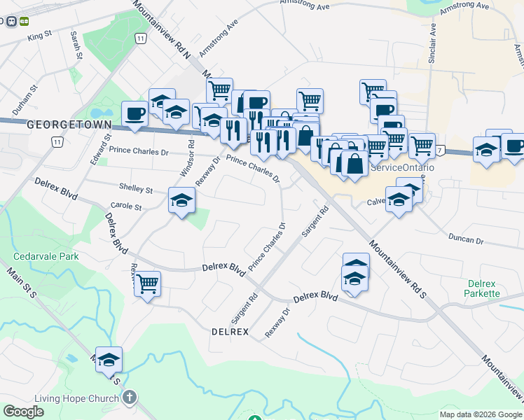 map of restaurants, bars, coffee shops, grocery stores, and more near 126 Prince Charles Drive in Halton Hills