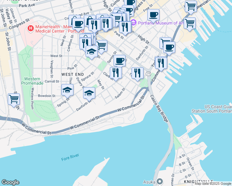 map of restaurants, bars, coffee shops, grocery stores, and more near 12 Briggs Street in Portland
