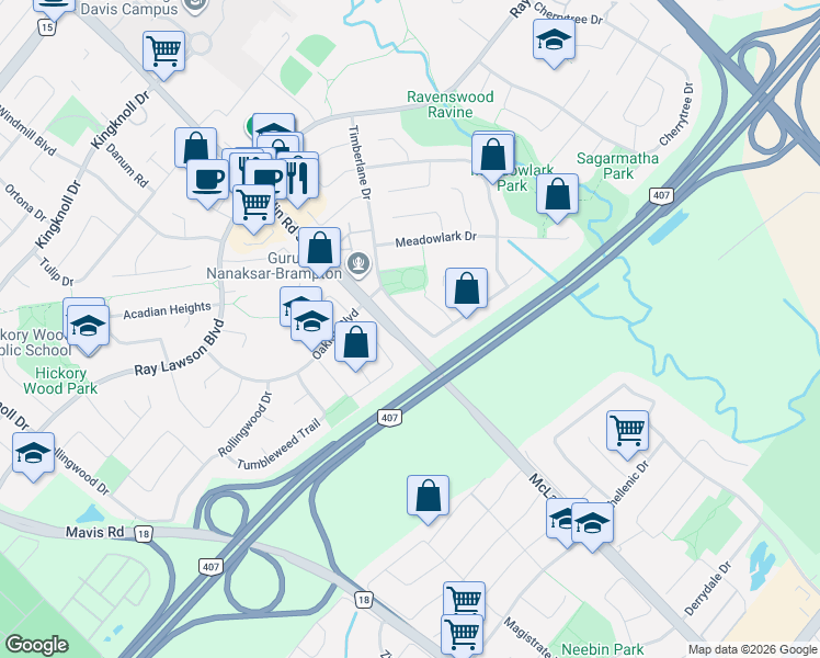 map of restaurants, bars, coffee shops, grocery stores, and more near 108 Timberlane Drive in Brampton