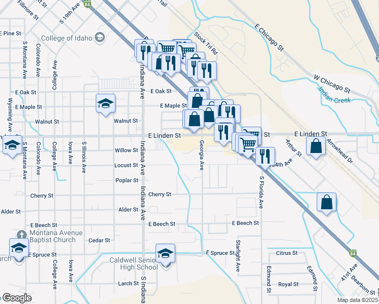 map of restaurants, bars, coffee shops, grocery stores, and more near 2602 South Georgia Avenue in Caldwell