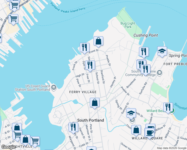 map of restaurants, bars, coffee shops, grocery stores, and more near 140 Sawyer Street in South Portland