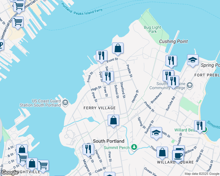 map of restaurants, bars, coffee shops, grocery stores, and more near 140 Sawyer Street in South Portland