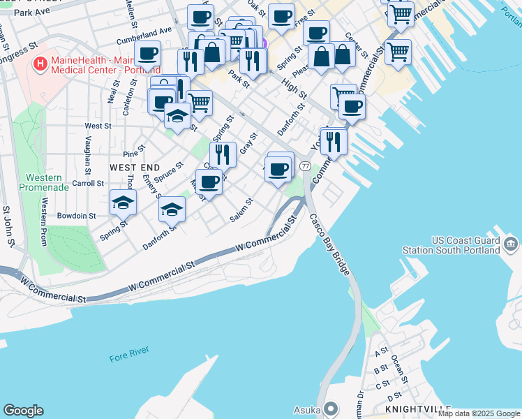 map of restaurants, bars, coffee shops, grocery stores, and more near 39 Sumner Court in Portland