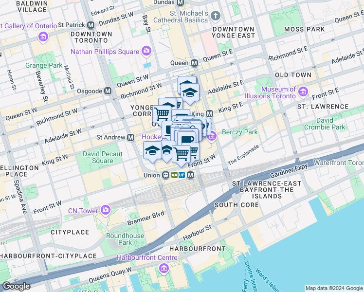 map of restaurants, bars, coffee shops, grocery stores, and more near 200 Bay Street in Toronto