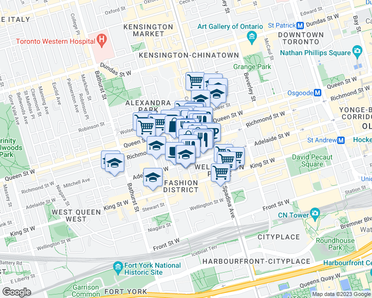 map of restaurants, bars, coffee shops, grocery stores, and more near 42 Camden Street in Toronto