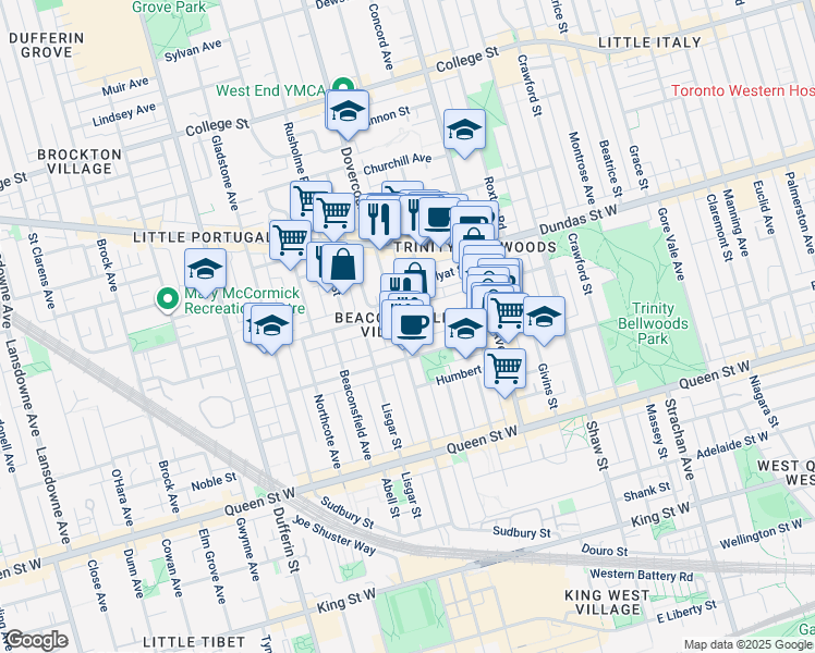 map of restaurants, bars, coffee shops, grocery stores, and more near 202 Dovercourt Road in Toronto