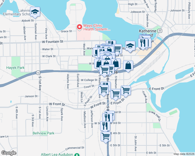 map of restaurants, bars, coffee shops, grocery stores, and more near 206 West College Street in Albert Lea