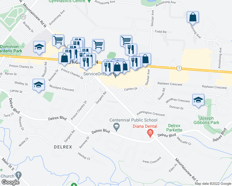 map of restaurants, bars, coffee shops, grocery stores, and more near 18 Cotswold Court in Halton Hills