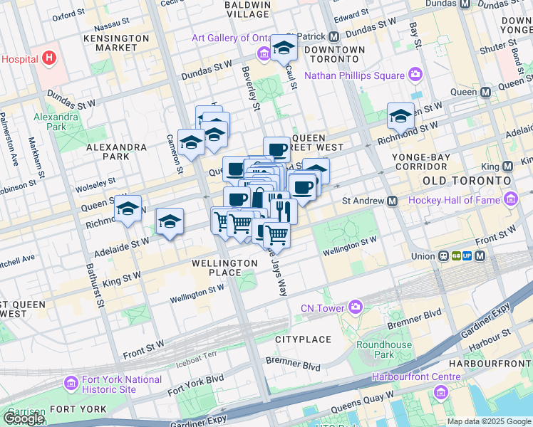 map of restaurants, bars, coffee shops, grocery stores, and more near in Toronto