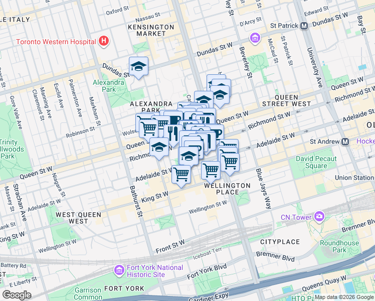map of restaurants, bars, coffee shops, grocery stores, and more near 50 Camden Street in Toronto