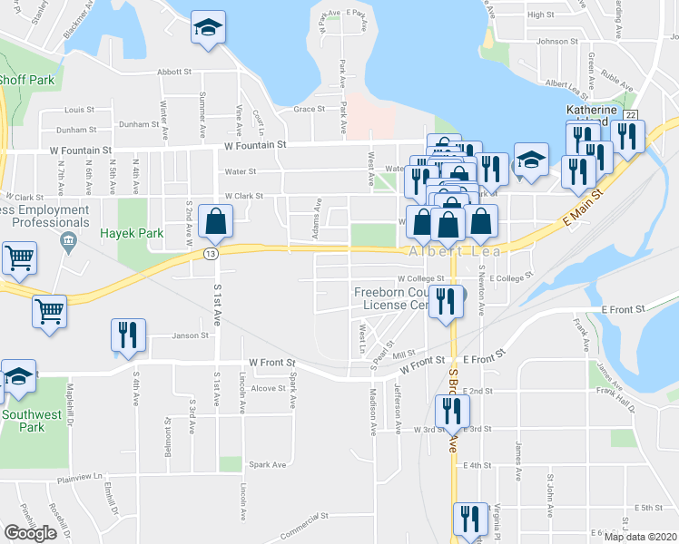 map of restaurants, bars, coffee shops, grocery stores, and more near 506 West College Street in Albert Lea