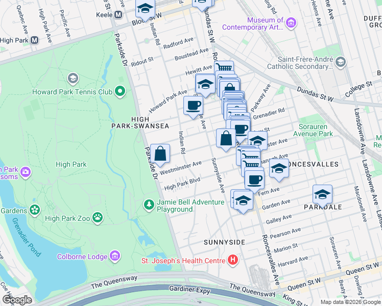 map of restaurants, bars, coffee shops, grocery stores, and more near 187 Geoffrey Street in Toronto