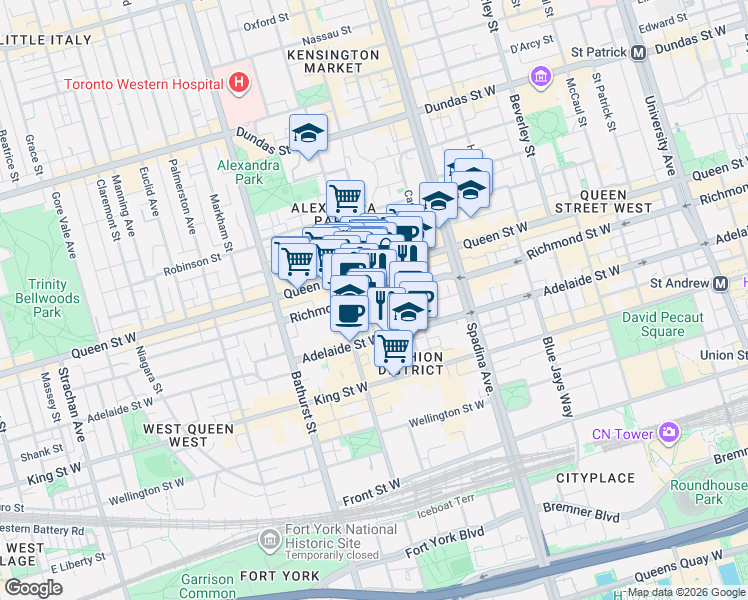 map of restaurants, bars, coffee shops, grocery stores, and more near 505 Richmond Street West in Toronto