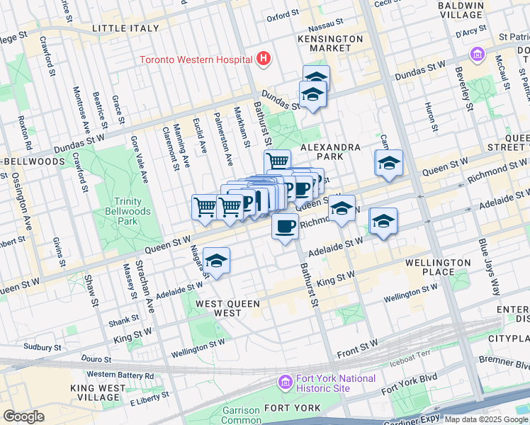 map of restaurants, bars, coffee shops, grocery stores, and more near 6 Markham Street in Toronto