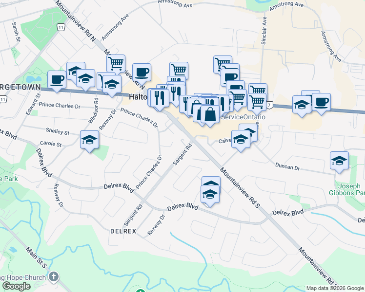 map of restaurants, bars, coffee shops, grocery stores, and more near 8 Sargent Road in Halton Hills