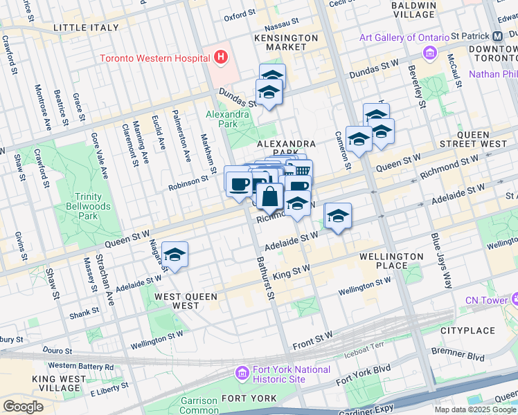 map of restaurants, bars, coffee shops, grocery stores, and more near in Toronto