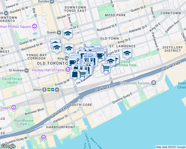 map of restaurants, bars, coffee shops, grocery stores, and more near 2A Church Street in Toronto