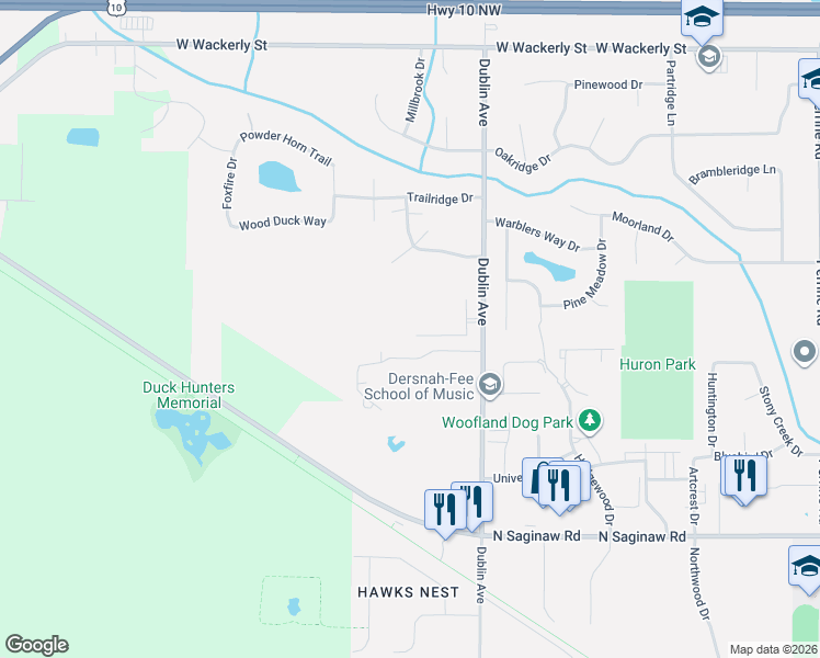map of restaurants, bars, coffee shops, grocery stores, and more near 5400 Forestridge Way in Midland