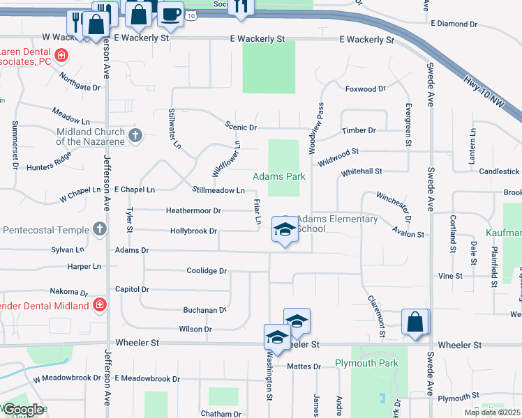 map of restaurants, bars, coffee shops, grocery stores, and more near 5404 Friar Lane in Midland
