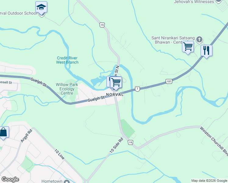 map of restaurants, bars, coffee shops, grocery stores, and more near 3 Winston Churchill Boulevard in Halton Hills