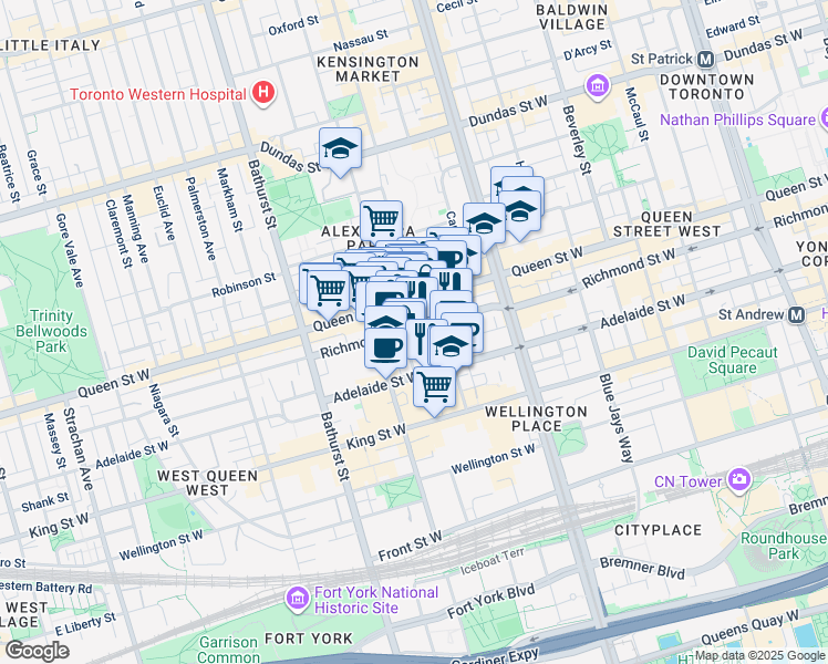 map of restaurants, bars, coffee shops, grocery stores, and more near 505 Richmond Street West in Toronto