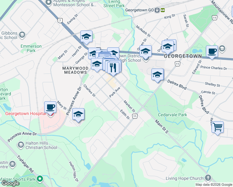 map of restaurants, bars, coffee shops, grocery stores, and more near 21 Market Street in Halton Hills
