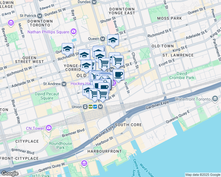 map of restaurants, bars, coffee shops, grocery stores, and more near in Toronto
