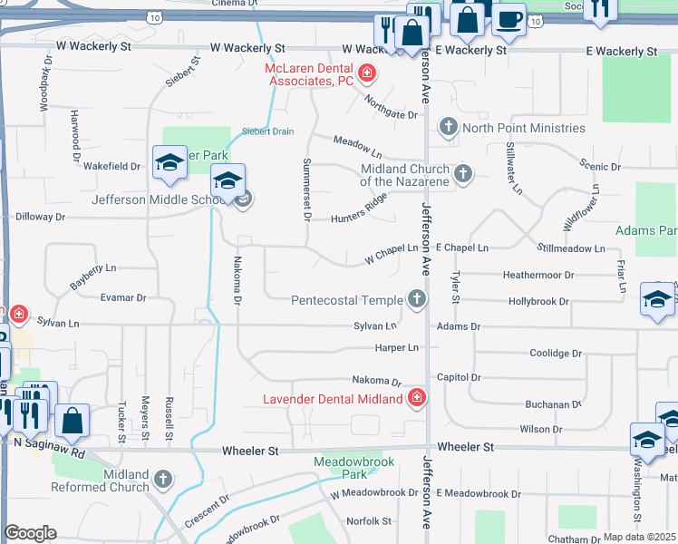map of restaurants, bars, coffee shops, grocery stores, and more near 405 West Chapel Lane in Midland