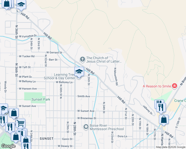 map of restaurants, bars, coffee shops, grocery stores, and more near 2501 West Hill Road in Boise