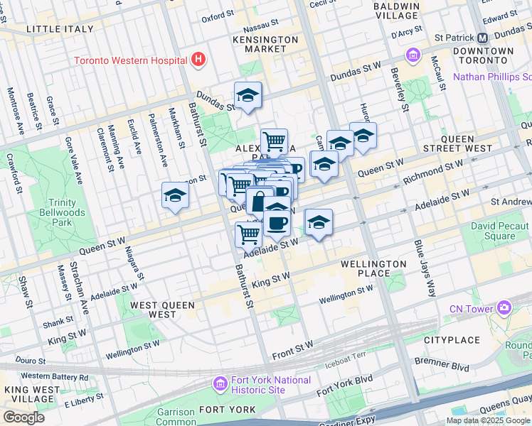 map of restaurants, bars, coffee shops, grocery stores, and more near 156 Portland Street in Toronto