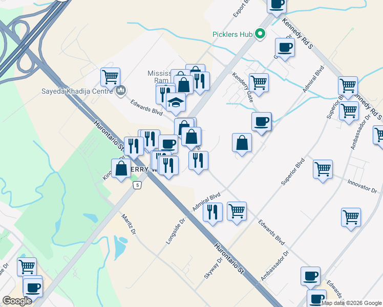map of restaurants, bars, coffee shops, grocery stores, and more near 6940 Edwards Boulevard in Mississauga