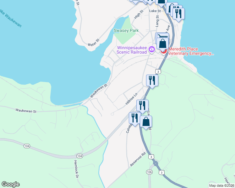 map of restaurants, bars, coffee shops, grocery stores, and more near 23 Massachusetts Avenue in Meredith