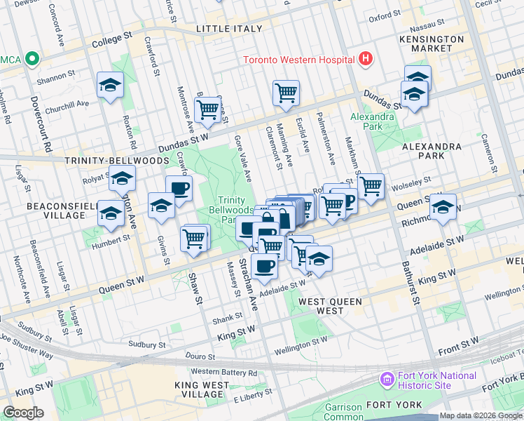 map of restaurants, bars, coffee shops, grocery stores, and more near 35 Gore Vale Avenue in Toronto