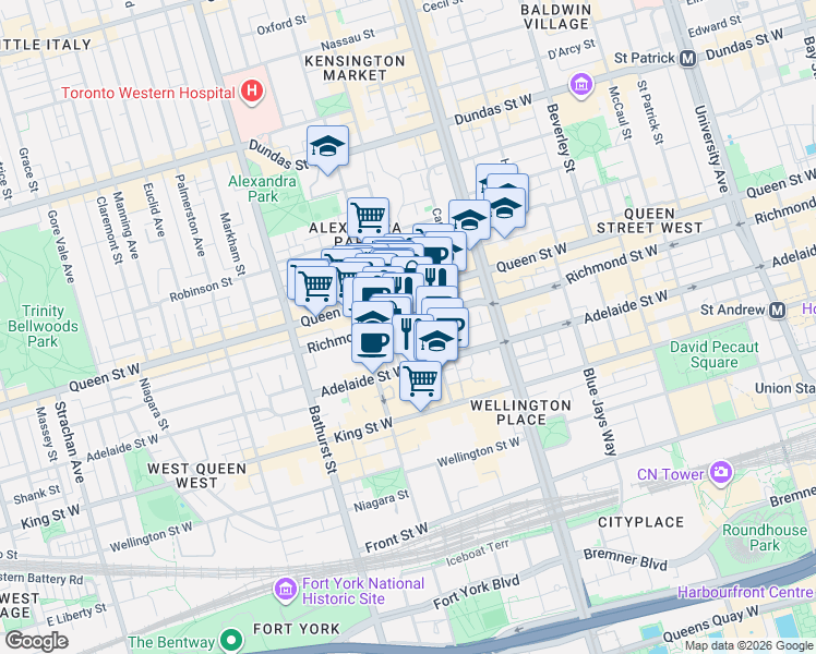 map of restaurants, bars, coffee shops, grocery stores, and more near 505 Richmond Street West in Toronto