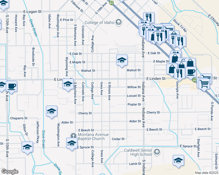 map of restaurants, bars, coffee shops, grocery stores, and more near 2601 South Illinois Avenue in Caldwell