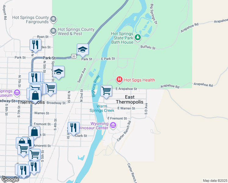map of restaurants, bars, coffee shops, grocery stores, and more near 127 East Arapahoe Street in Thermopolis