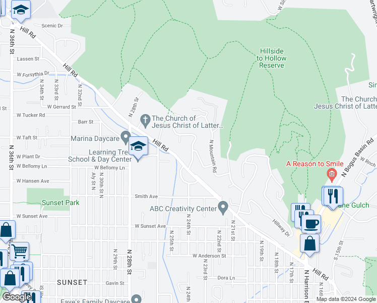 map of restaurants, bars, coffee shops, grocery stores, and more near 3001 North 24th Street in Boise