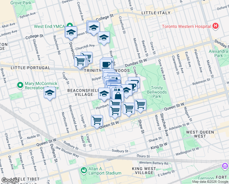 map of restaurants, bars, coffee shops, grocery stores, and more near 145 Ossington Avenue in Toronto