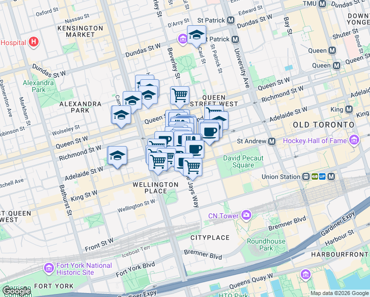 map of restaurants, bars, coffee shops, grocery stores, and more near 317 Adelaide Street West in Toronto