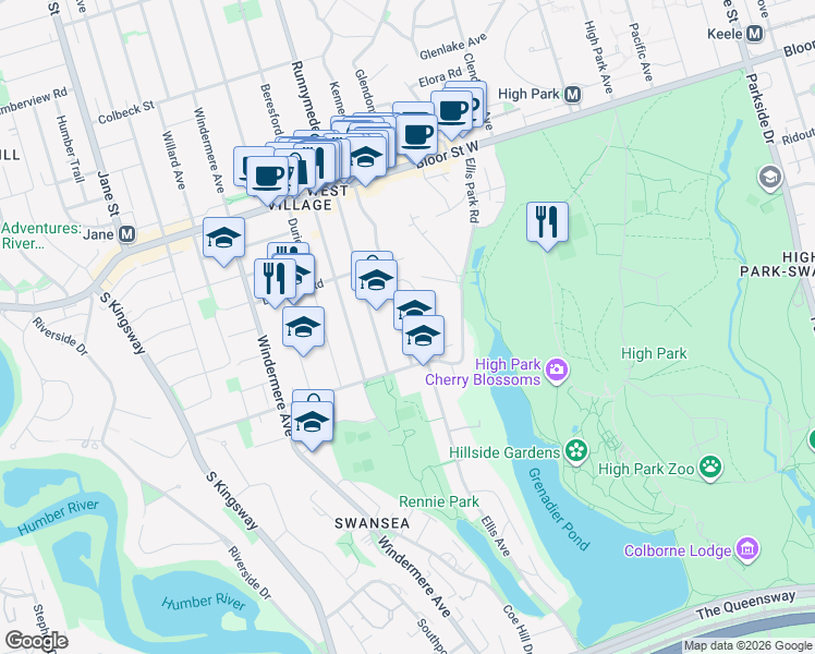 map of restaurants, bars, coffee shops, grocery stores, and more near 27 Kennedy Avenue in Toronto