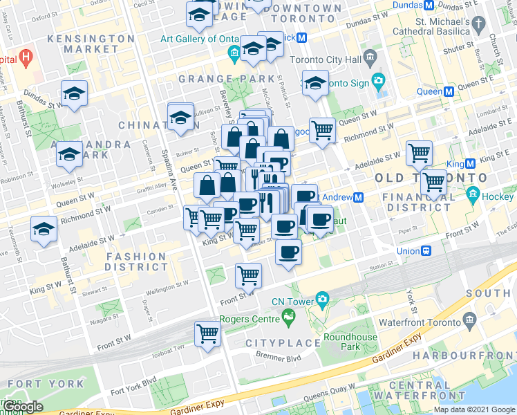 map of restaurants, bars, coffee shops, grocery stores, and more near 21 Widmer Street in Toronto