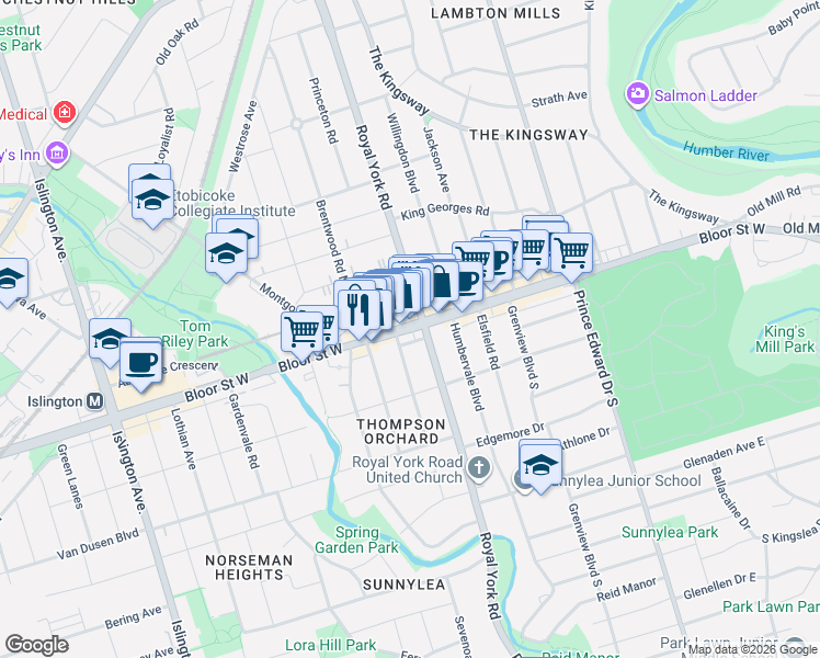 map of restaurants, bars, coffee shops, grocery stores, and more near 4365 Bloor Street West in Toronto