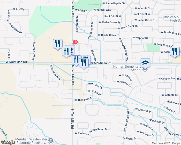 map of restaurants, bars, coffee shops, grocery stores, and more near 4646 North Amaro Avenue in Meridian