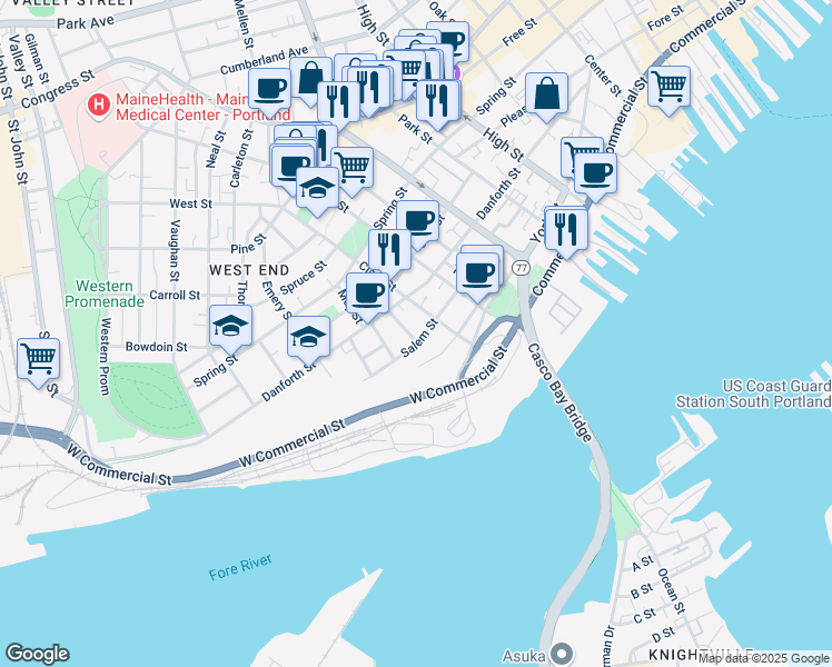 map of restaurants, bars, coffee shops, grocery stores, and more near 12 Briggs Street in Portland