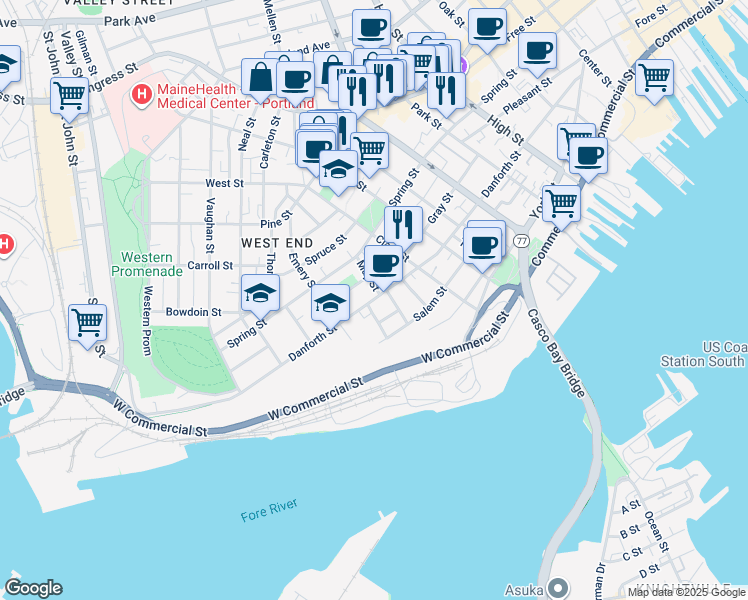 map of restaurants, bars, coffee shops, grocery stores, and more near 254 Danforth Street in Portland