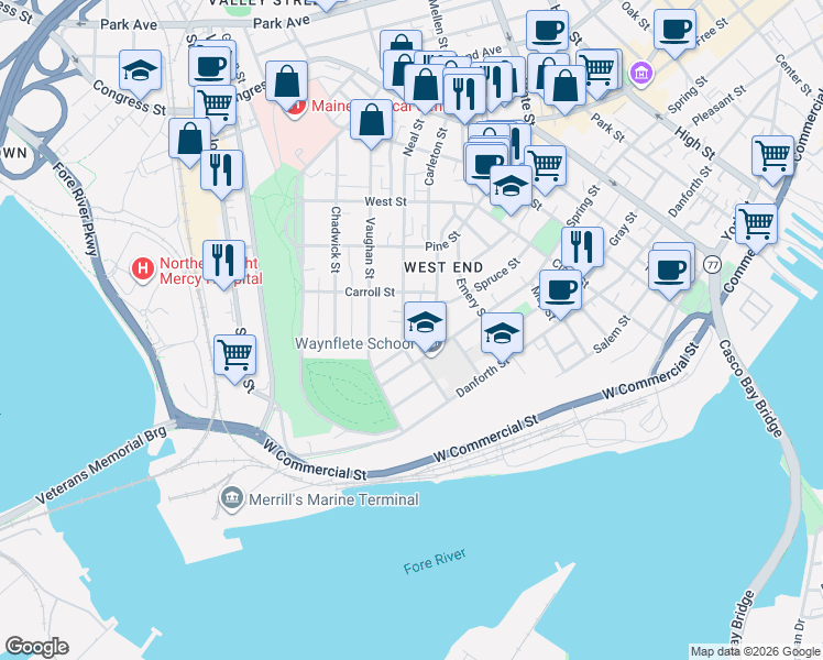 map of restaurants, bars, coffee shops, grocery stores, and more near 18 Neal Street in Portland