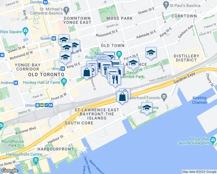 map of restaurants, bars, coffee shops, grocery stores, and more near in Toronto