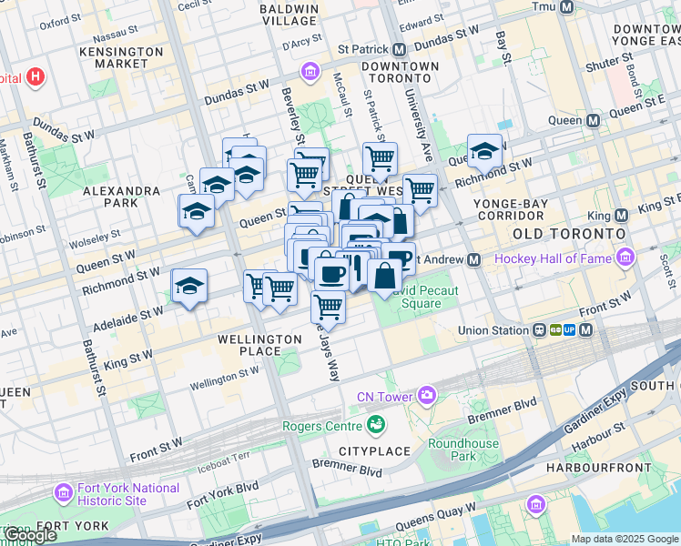 map of restaurants, bars, coffee shops, grocery stores, and more near 11 Widmer Street in Toronto