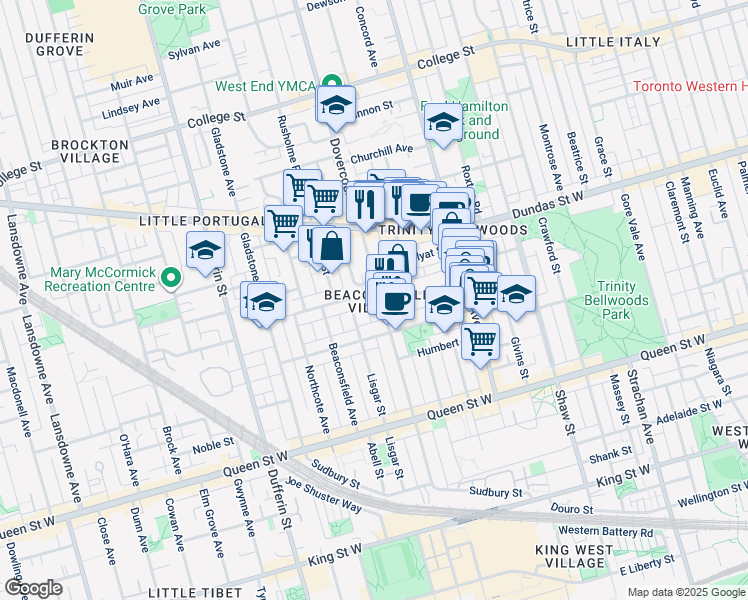 map of restaurants, bars, coffee shops, grocery stores, and more near 202 Dovercourt Road in Toronto