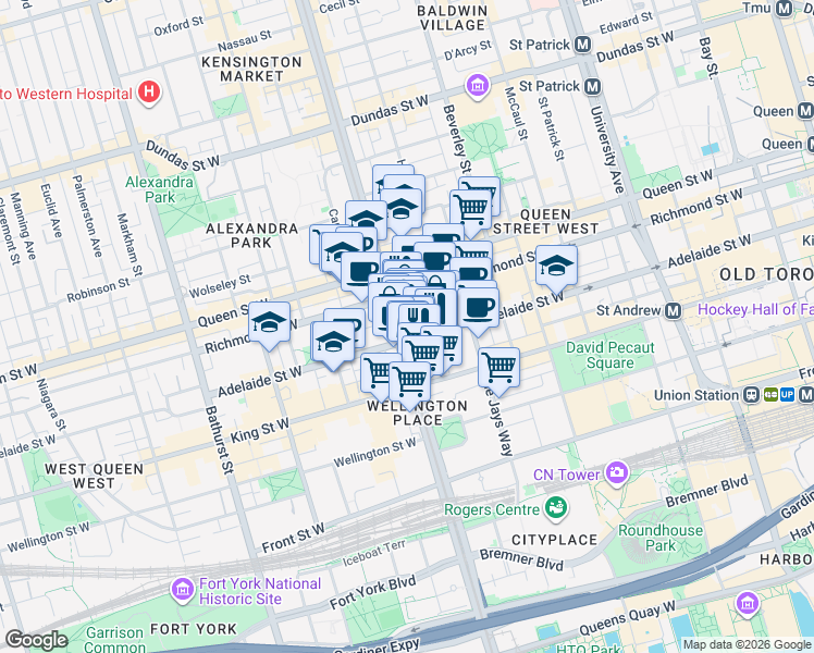 map of restaurants, bars, coffee shops, grocery stores, and more near 123 Spadina Avenue in Toronto
